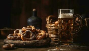 A rustic pretzel stack, ready to eat with a cold beer generated by AI photo