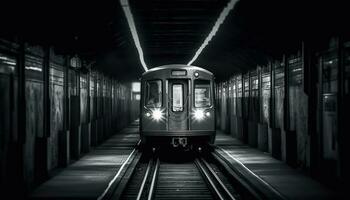 dentro el subterraneo tren, el oscuro ciudad vida reflejado antiguo arquitectura generado por ai foto