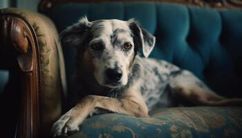 Purebred terrier rests on blue pillow, looking sadly at camera generated by AI photo