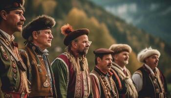 un grupo de sonriente hombres y mujer en tradicional ropa generado por ai foto