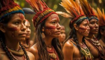 Indigenous women celebrate traditional festival outdoors with multi colored headdresses and dancing generated by AI photo