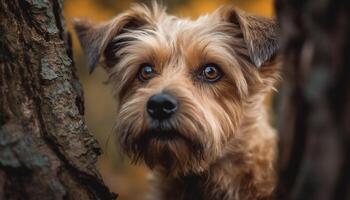 Cute purebred terrier puppy sitting in grass, looking at camera generated by AI photo