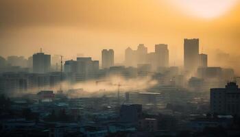 puesta de sol ilumina ciudad horizonte, contaminado con niebla tóxica y tráfico generado por ai foto