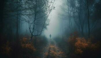 uno persona caminando mediante escalofriante bosque, rodeado por misterio generado por ai foto