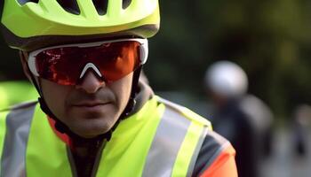 confidente ciclista en Deportes casco disfruta al aire libre aventuras con velocidad generado por ai foto