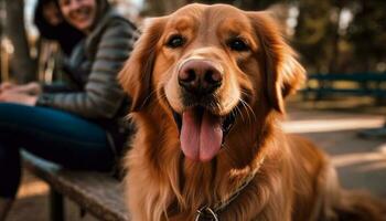 A cheerful golden retriever sitting outdoors, smiling at the camera generated by AI photo