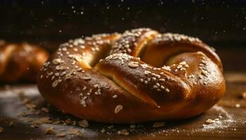 Freshly baked whole wheat bagels, a rustic gourmet snack generated by AI photo