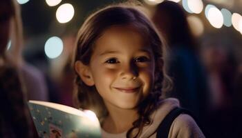 un linda niña sonriente mientras leyendo un libro por el Navidad árbol generado por ai foto