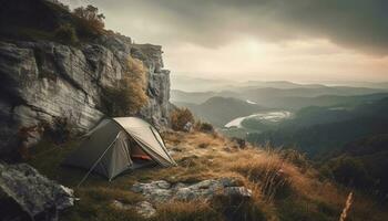 Hiking through the forest, camping in a tranquil mountain range generated by AI photo