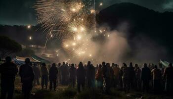 explosivo fuegos artificiales ligero arriba el noche cielo, encendido verano alegría generado por ai foto