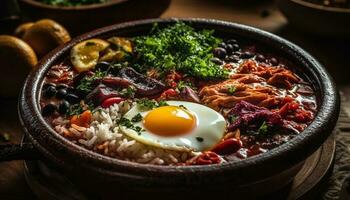 A homemade pork chili plate with organic cilantro and bread generative AI photo