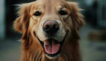 Cute purebred retriever sitting outdoors, smiling with loyalty and obedience generated by AI photo