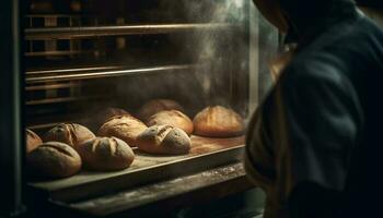 artesano prepara fresco, hecho en casa un pan en comercial cocina taller generado por ai foto