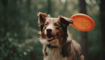 linda terrier perrito jugando con juguete en verde verano césped generado por ai foto