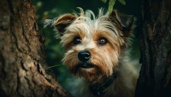 linda terrier perrito sentado en naturaleza, mirando a cámara en broma generado por ai foto