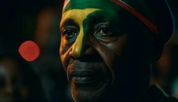 africano atleta celebra con cara pintar en iluminado ciudad la vida nocturna generativo ai foto