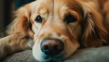 Cute puppy sleeping, purebred retriever, softness and relaxation indoors generated by AI photo