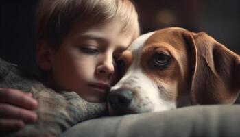 un linda beagle perrito abrazando un sonriente niño en amistad generado por ai foto