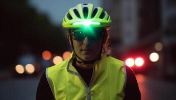 uno hombre montando un bicicleta a noche con Deportes casco generado por ai foto