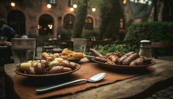 Grilled pork and beef on wooden plates, perfect summer meal generated by AI photo