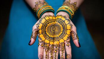 Young Hindu bride wears ornate multi colored jewelry for wedding glamour generated by AI photo