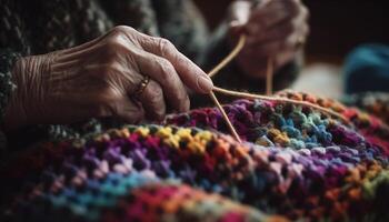 One person, a tailor, skillfully weaves a multi colored pattern photo