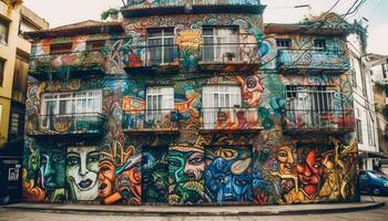 The vibrant city street showcases Indian culture and colorful facades generated by AI photo