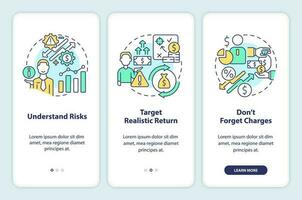 Investment expectations onboarding mobile app screen. Business walkthrough 3 steps editable graphic instructions with linear concepts. UI, UX, GUI templated vector