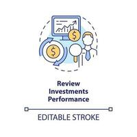 Review investments performance concept icon. Data analyzing. Financial strategy abstract idea thin line illustration. Isolated outline drawing. Editable stroke vector