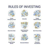 Rules of investing concept icons set. Money management. Financial processes idea thin line color illustrations. Isolated symbols. Editable stroke vector