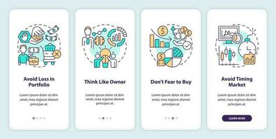 Successful investment rules onboarding mobile app screen. Walkthrough 4 steps editable graphic instructions with linear concepts. UI, UX, GUI templated vector