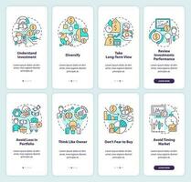 Rules of investing onboarding mobile app screens set. Finance walkthrough 4 steps editable graphic instructions with linear concepts. UI, UX, GUI templated vector