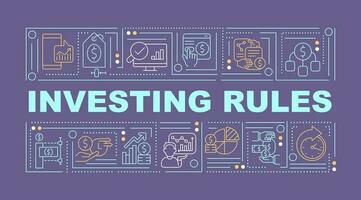 Investing rules word concepts dark purple banner. Stock market. Infographics with editable icons on color background. Isolated typography. Vector illustration with text