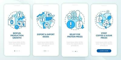 Agriculture drawbacks blue onboarding mobile app screen. Walkthrough 4 steps editable graphic instructions with linear concepts. UI, UX, GUI templated vector