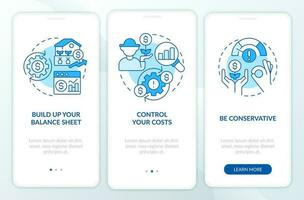 Agribusiness financial management blue onboarding mobile app screen. Walkthrough 3 steps editable graphic instructions with linear concepts. UI, UX, GUI templated vector