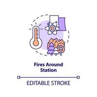 Fires around station concept icon. Impact of high temperature. Nuclear accident cause abstract idea thin line illustration. Isolated outline drawing. Editable stroke vector