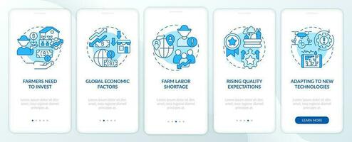 Global problems farmers face blue onboarding mobile app screen. Walkthrough 5 steps editable graphic instructions with linear concepts. UI, UX, GUI templated vector