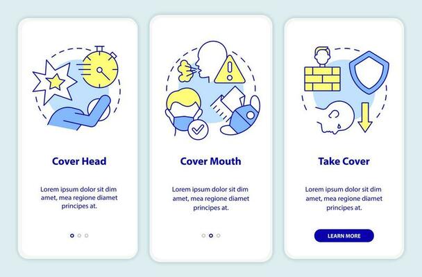 Actions outside during nuclear attack onboarding mobile app screen. Walkthrough 3 steps editable graphic instructions with linear concepts. UI, UX, GUI templated