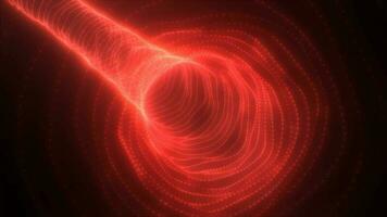 Abstract red tunnel swirling from particles and dots of glowing bright futuristic hi-tech background video