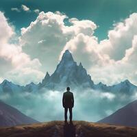 a man stands in front of a mountain with a sky photo