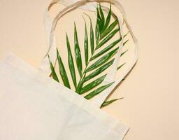 Empty textile bag and green palm leaf on beige background, top view photo