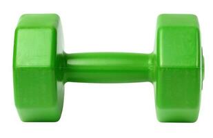 Green plastic dumbbell on a white isolated background, sports equipment photo