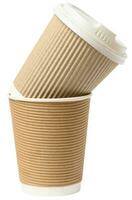 Brown paper cup made of corrugated cardboard with a plastic white lid on a white isolated background photo