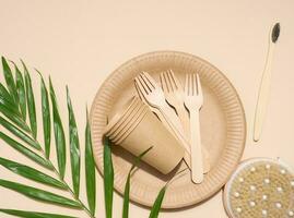 Paper plates, wooden forks and a toothbrush on a beige background, top view. Concept of recyclable garbage, zero waste photo