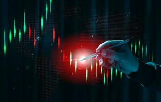 Holographic graph with growing indicators and a man's hand. Business growth concept, profitable startup, profitable business strategy, sales increase. photo
