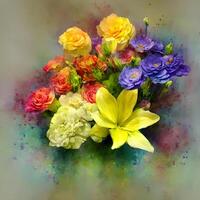 A Bouquet of Colorful Blooms, A Brilliant Bloomscape, A Festive Floral Display, Floral Oil painting on canvas ,Still life flowers painting, Designed with artificial intelligence, photo