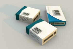 Pharma serialization concept with pharma box and labels with bar code photo