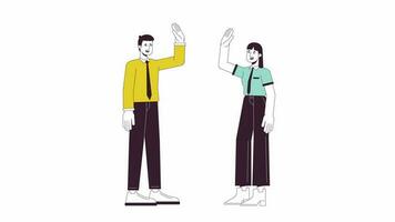 Teamwork businesspeople animation. Animated cartoon colleagues giving high five. Isolated colour flat line 2D characters 4K video footage, white background, alpha channel transparency for web design