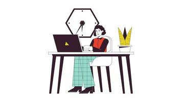 Office worker at desk animation. Animated cartoon office woman at workplace. Isolated colour flat line 2D character 4K video footage, white background, alpha channel transparency for web design