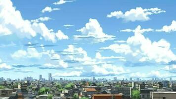 Anime Video von atemberaubend natürlich Ballett von Wolke Formationen gleiten über das azurblau Himmel über ein geschäftig japanisch Stadt